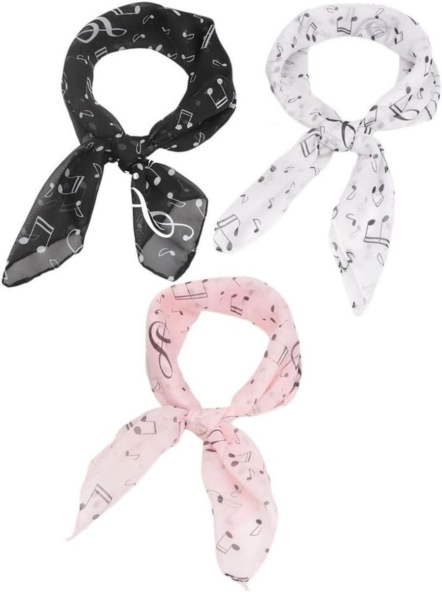 Elegante Drie-Delige Chiffon Sjaal met Muzikale Noten Motief - Lichtgewicht Vierkante Sjaal in Zwart en Wit voor Dagelijks Gebruik en Reizen, Perfect als Hoofddoek en Accessoire