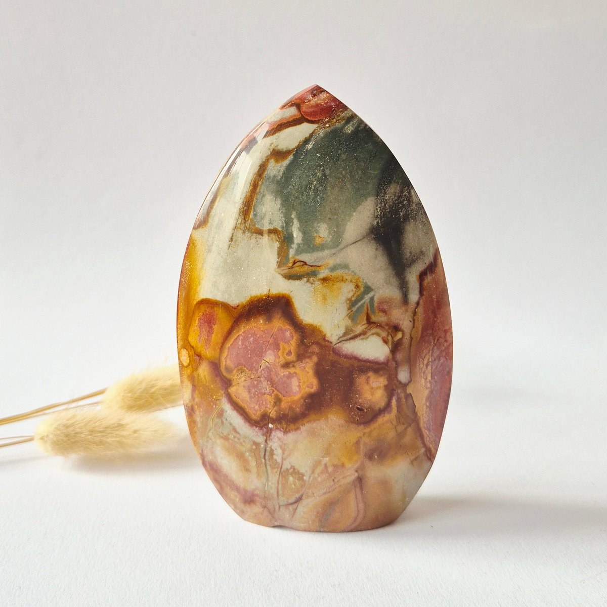 Ocean Jasper Polychroom Edelsteen Flame 332g – Rood Oranje Uniek Patroon