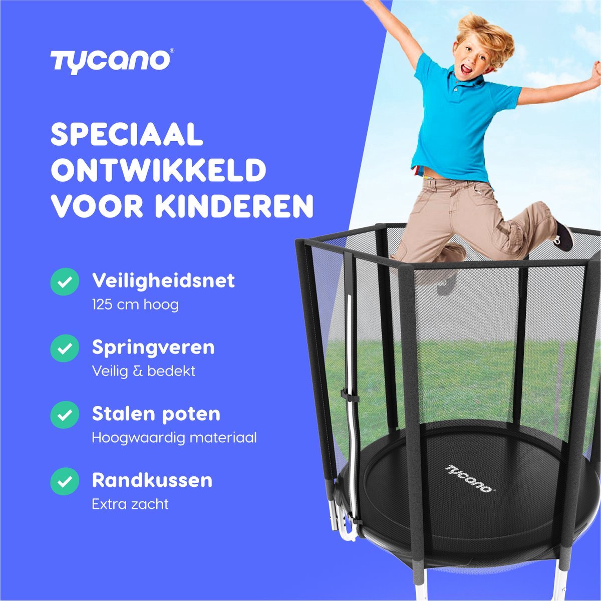 Tycano Kinder Trampoline met Veiligheidsnet - 183 cm - Incl trapje - Water- en UV-bestendig - Stevig Frame — afbeelding 8