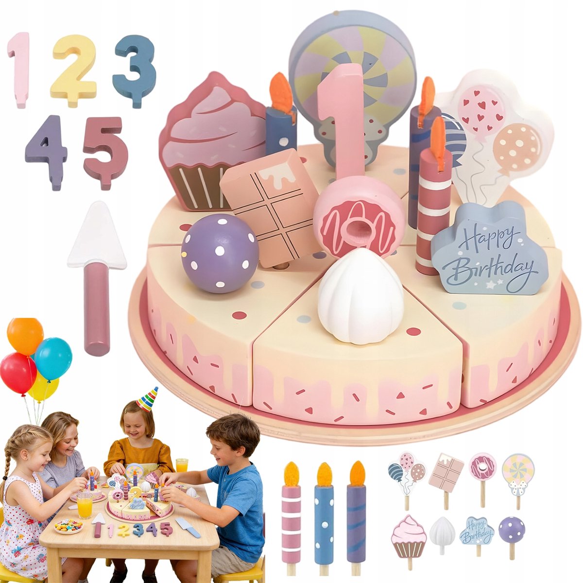 Houten Keukenspeelgoed - Keuken Rollenspel - Verjaardagstaart Snijset - 6 Snijdbare Stukken & Accessoires - Glad Geschuurd & Splintervrij - Educatief Rollenspel - Bevordert Creativiteit & Delen - Voor Thuis & Kinderfeestjes