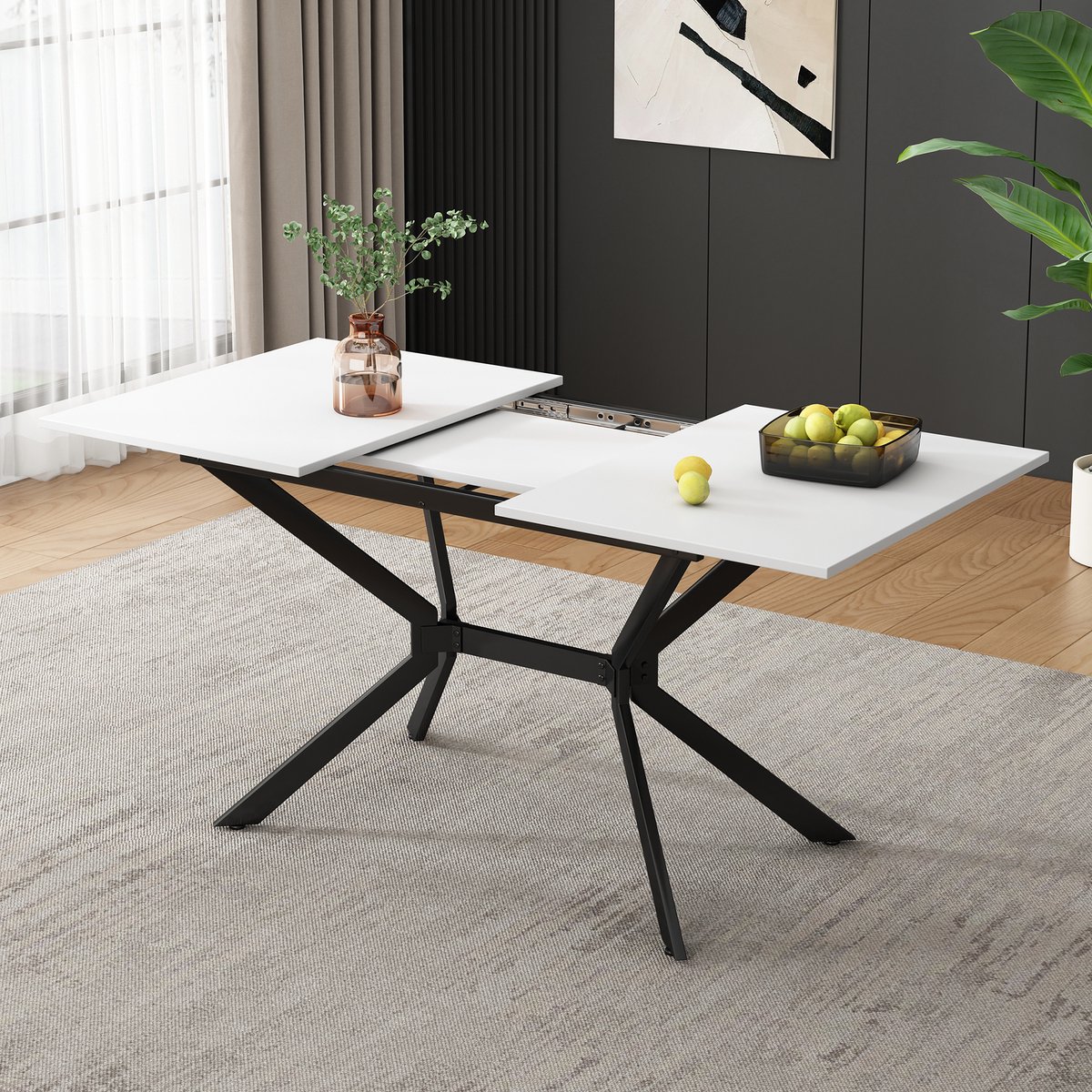 COVREO Eettafel 120/160 x 80 x 75 cm - wit MDF, zwart metalen onderstel, uitschuifbaar voor 4-6 personen