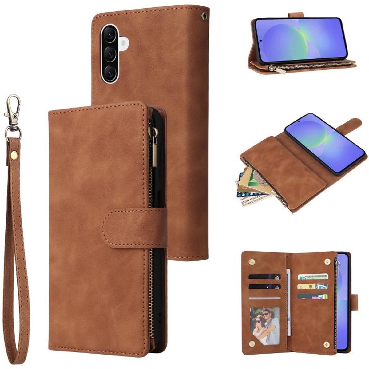 Telefoonhoesje geschikt voor Samsung Galaxy A27 5G - Portemonnee met rits - book-case hoesje - ruimte voor 6 pasjes - bruin