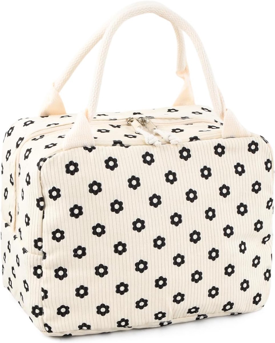 SnelShoppen - Insulated Lunch Bag - Breed Open Koeltas - Herbruikbare Lunchzak voor Werk, School, Picknick, Reizen en Strand - Beige Chrysanten - Ruim