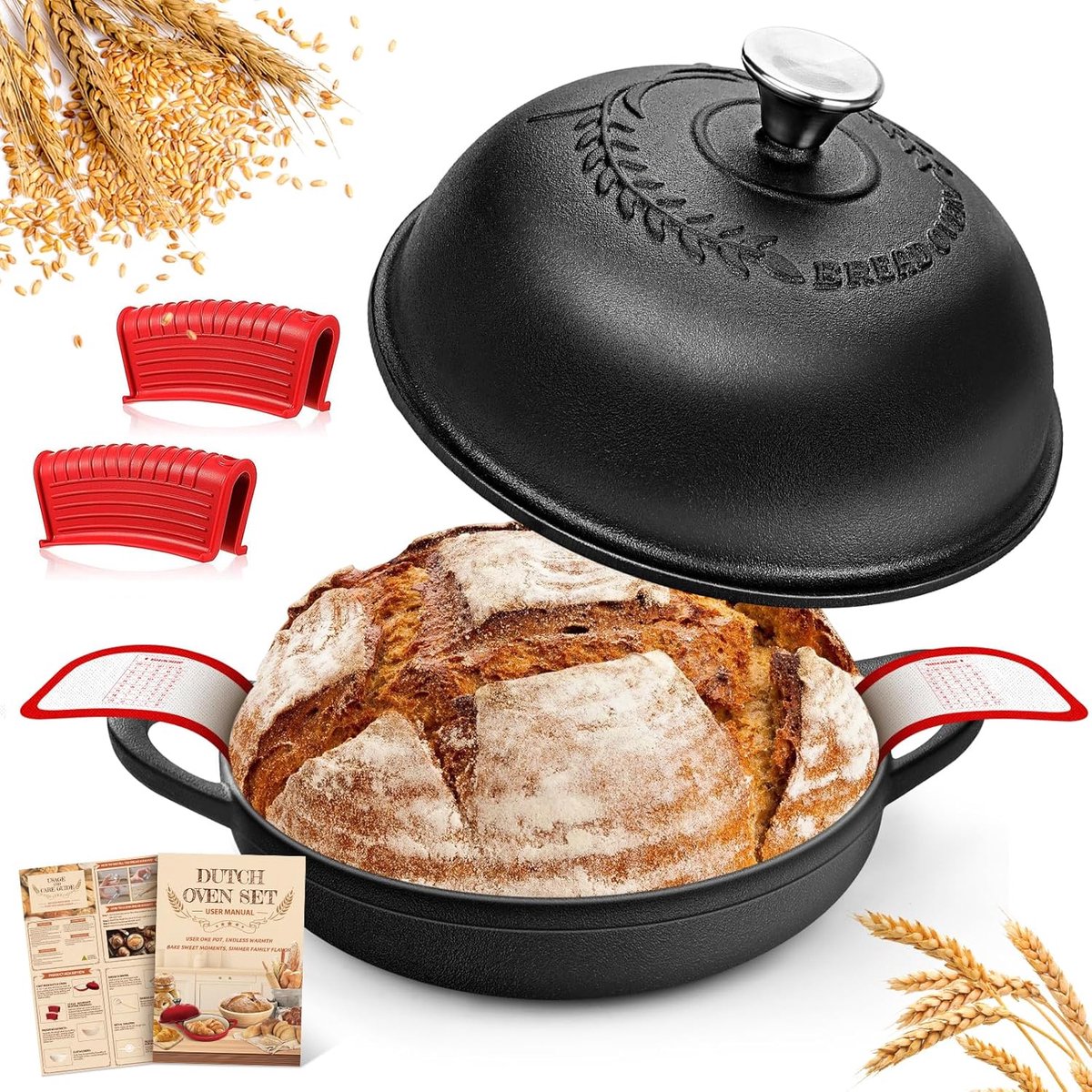 SnelShoppen - Cast Iron Pan 5.7 L - Broodpan met Deksel 26 cm - Dutch Oven en Braadpan voor Brood Bakken, Stoven en Roosteren - Duurzaam Gietijzer voo