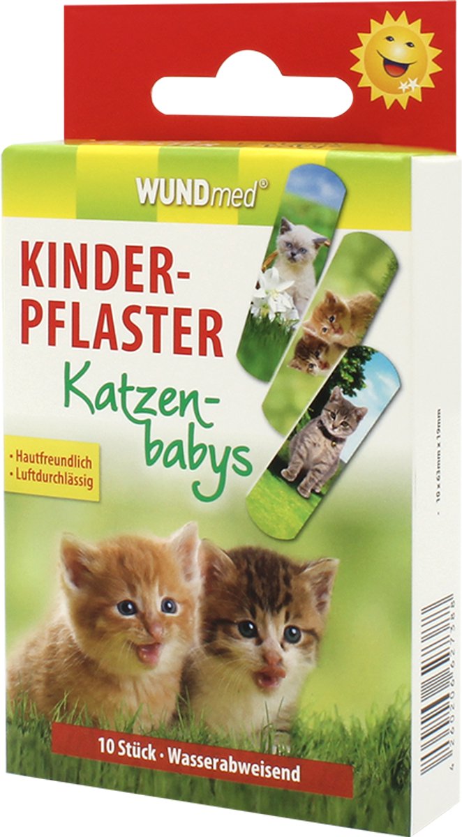 2 Pakjes van 10 stuks - kinderpleisters "Kittens" zijn voorzien van kleurrijke kattenmotieven. Elke pleister is individueel verpakt en heeft een antikleeflaagje voor pijnloze verwijdering.