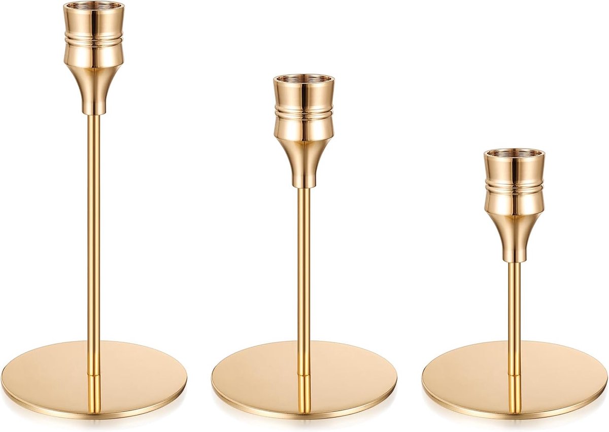 SnelShoppen - Set van 3 Gouden Kandelaar Houder voor Kaarsen, Metalen Tapered Kandelaar voor Huisdecoratie, Bruiloft en Feesttafel Decoratie, Omgekeer