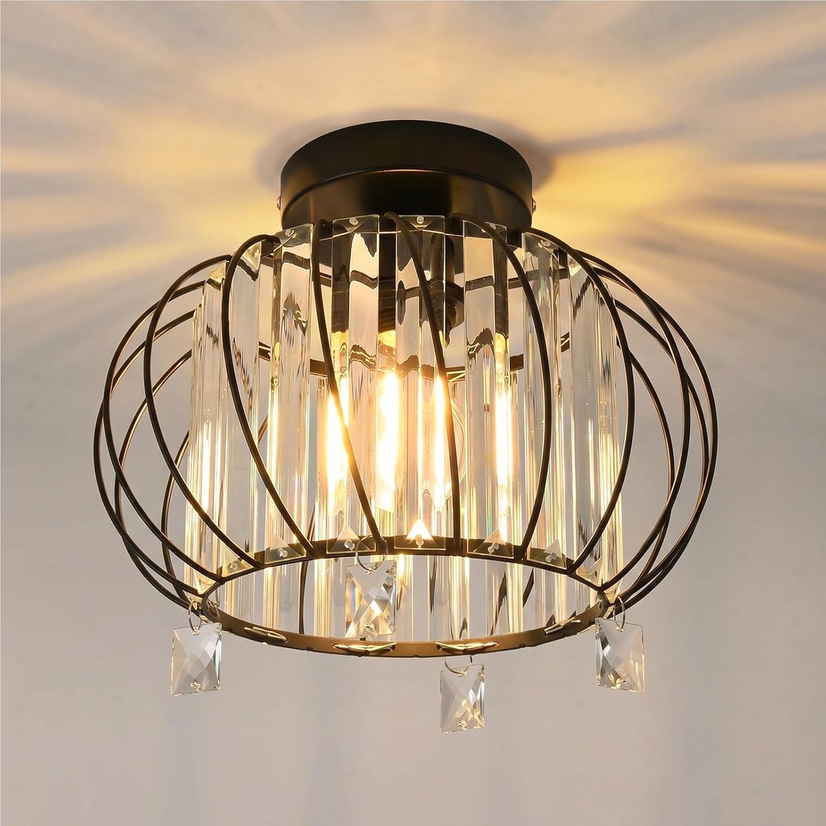 SnelShoppen - ANWIO Glazen Plafondlamp, Moderne Zwarte Plafondverlichting, Kristallen Hanglamp met 1 E27 Fitting voor Hal, Keuken, Woonkamer, Eetkamer