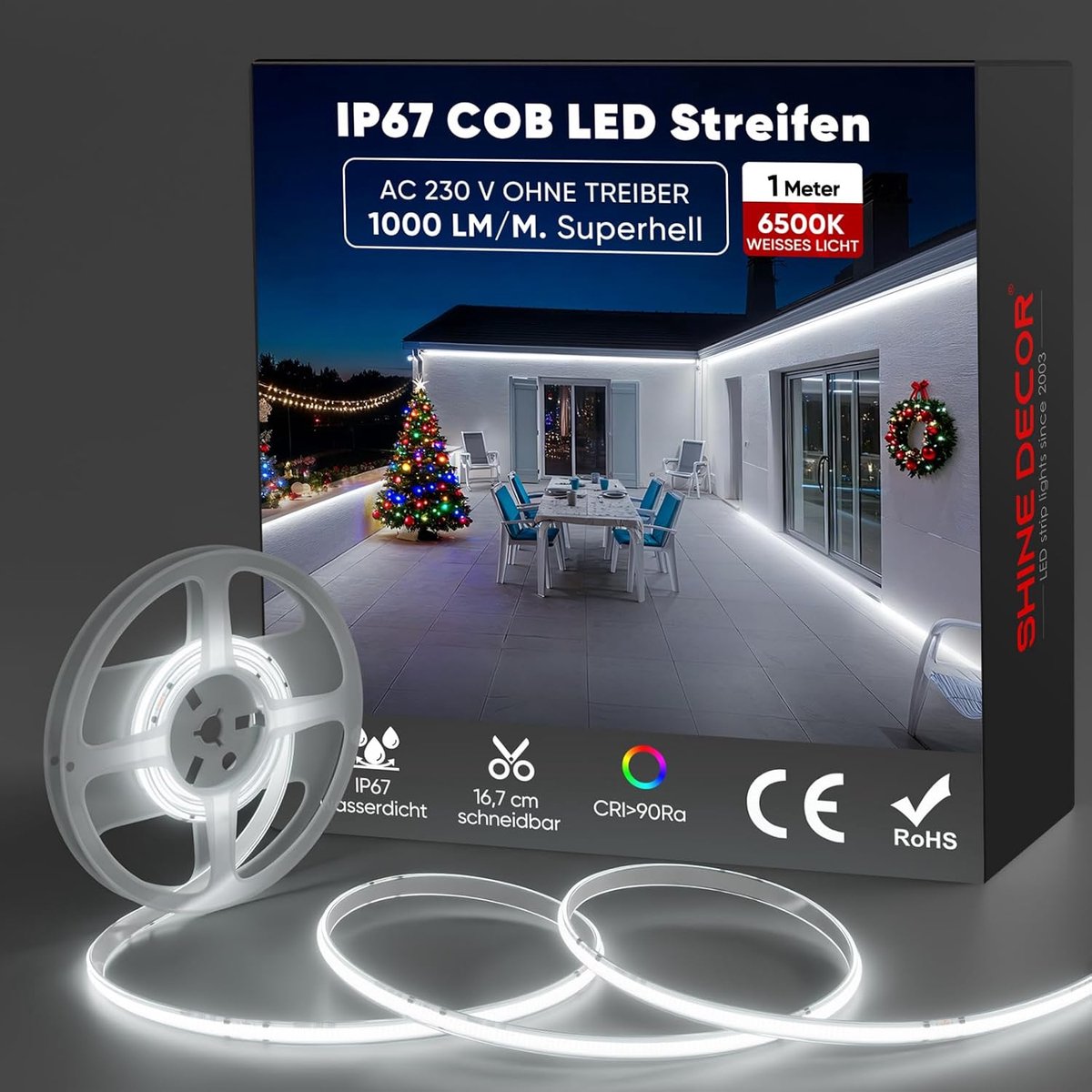 SnelShoppen - Shine Decor COB LED Strip 1 m - IP67 Waterproof Neon Fairy Lights - Ultra Bright 432 LEDs/m - 6500K Koude Wit - Flexibele Strip voor Keu