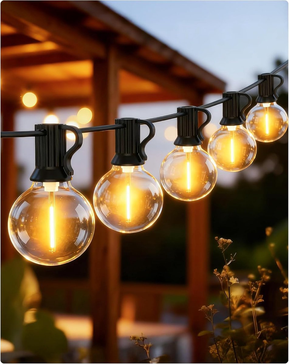 SnelShoppen - Lichtsnoer voor Buiten 15 m - Weerbestendig Lichtketting G40 - Tuinverlichting, Feestverlichting, Terras, Balkon, Paviljoen, Tuingloeila