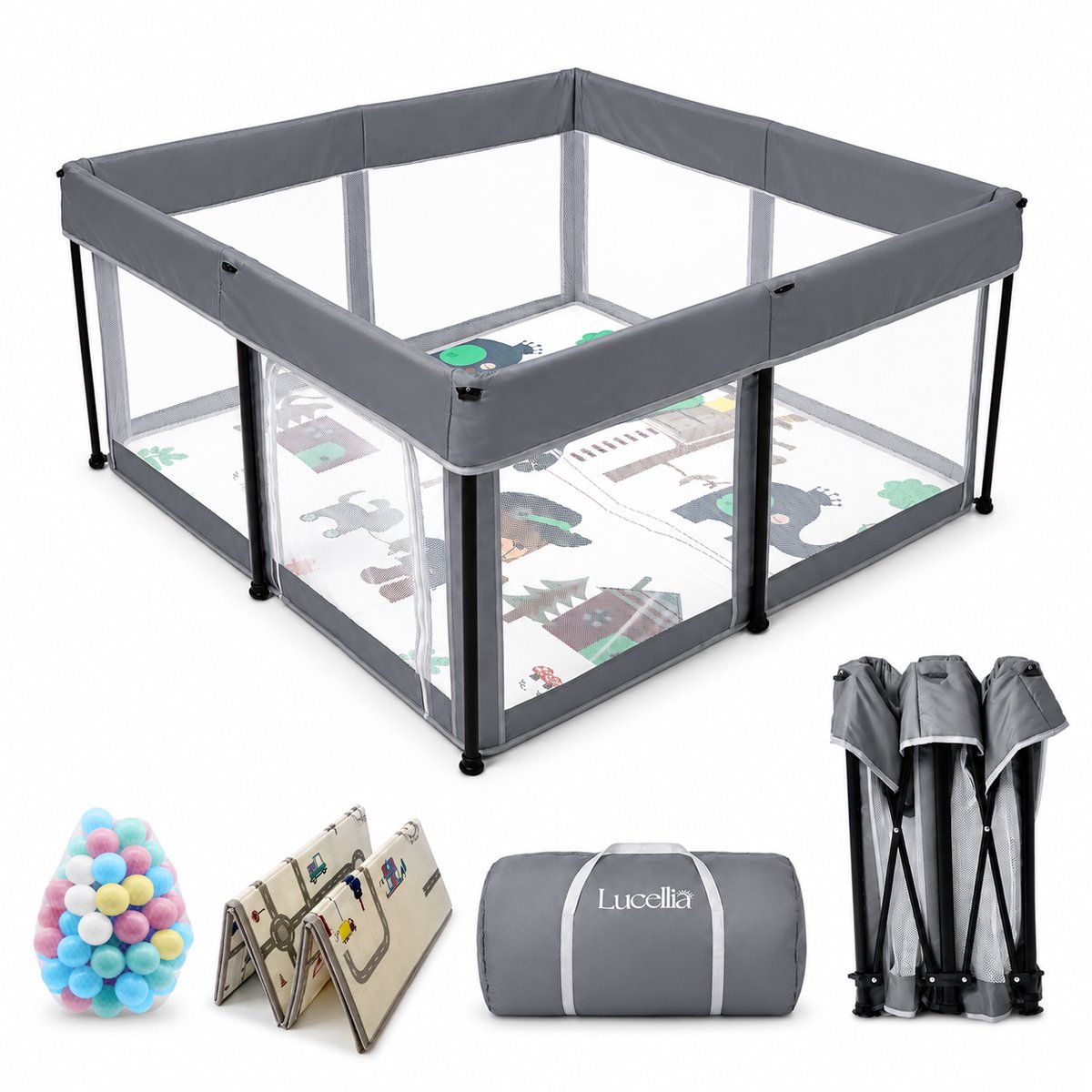 Lucellia® Grondbox Baby - Speelbox & Kruipbox Inklapbaar -Playpen- Kinderbox met Speelmat & 50 Ballenbak Ballen -Opbergtas- 125x125x70 cm - Donkergrijs