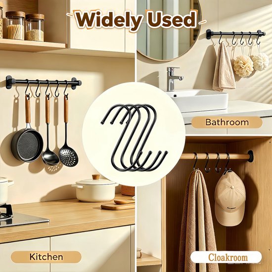 SnelShoppen - 10-Pack S-Hooks 12cm Zwarte RVS S-Haak voor Ophangen in Keuken, Badkamer, Slaapkamer, Woonkamer en Kantoor - Lichtgewicht en Roestvrij van Snelshoppen — afbeelding 5