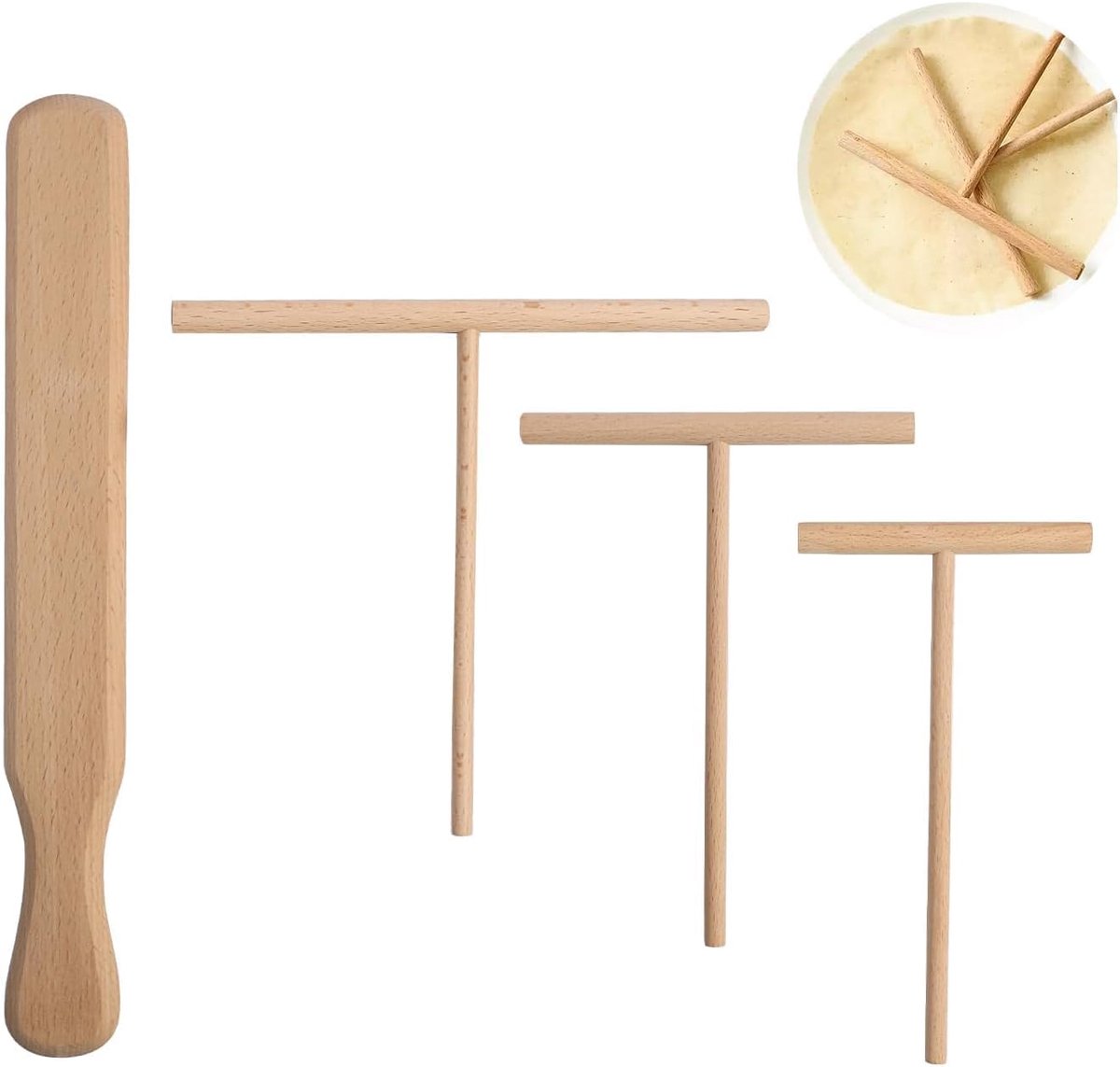 SnelShoppen - Set van 4 Pannenkoek- en Spatelverdelers van Hout - Inclusief 18 inch, 13 inch, 9 inch Pannenkoekverdeler en 30 cm Spatel - 100% Natuurl