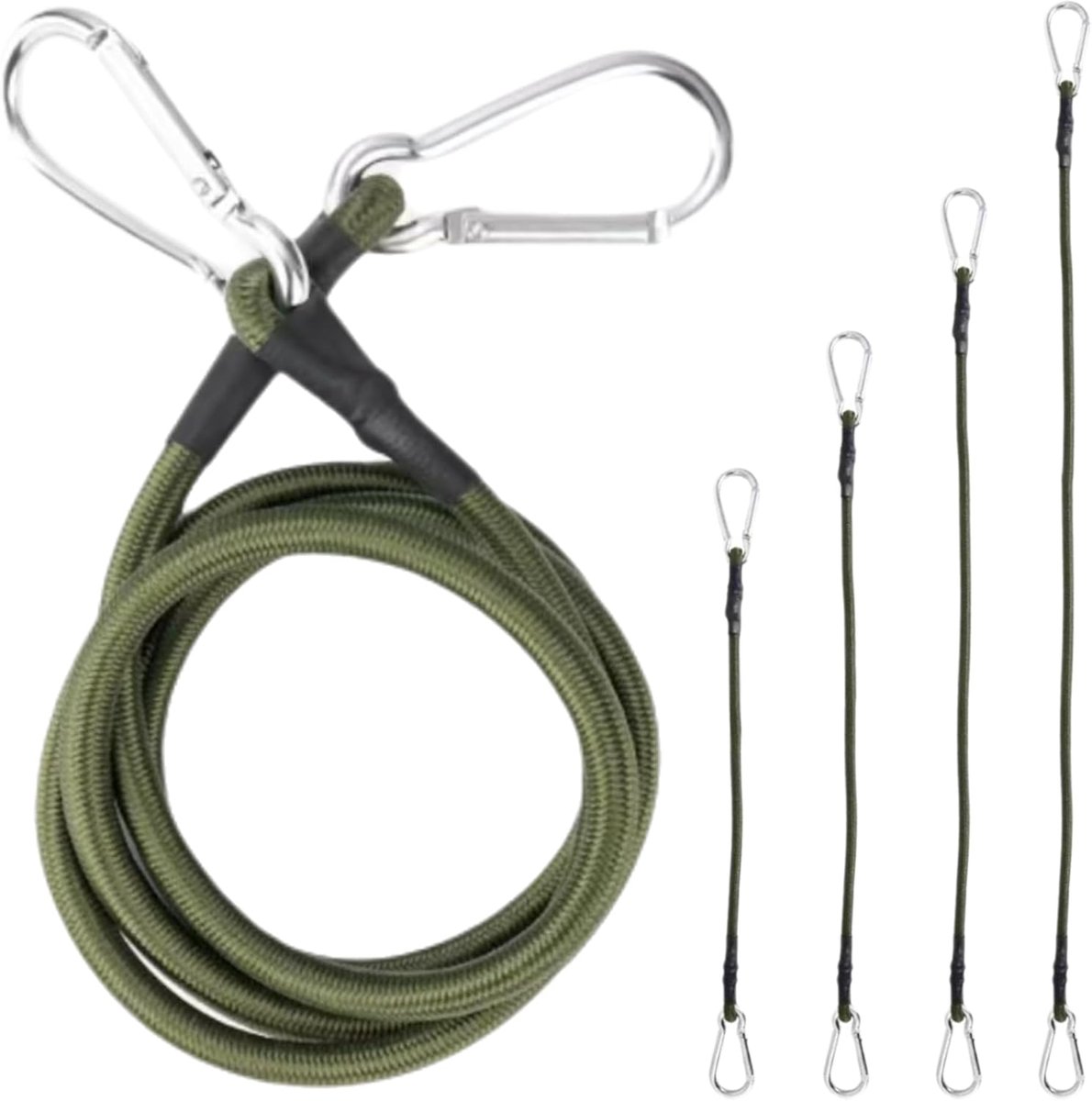 SnelShoppen - Elastisch Koord met Haak, Donkergroen met Karabijnhaak, 30 cm, 60 cm, 90 cm, 120 cm, Ideaal voor Buiten, Kamperen, Fietsstand, Tent - Se