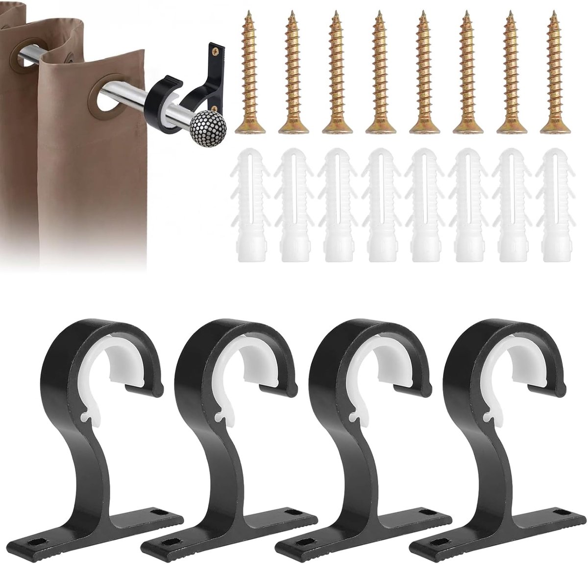 SnelShoppen - Pack van 4 Aluminium Alliage Gordijnroede Beugels, 25-28 mm, Zwart, Met Dowel Schroeven en Wandankers voor Wand- of Plafondgebruik