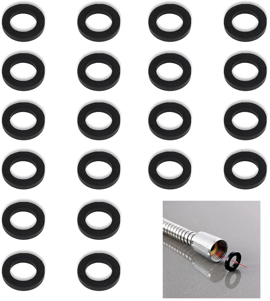 SnelShoppen - Sealing Ring Set voor Douchekop - 20 Stuks Rubberen Seals 19 mm - Waterdichte Wasringen voor Douche Slang en Kranen (Zwart)