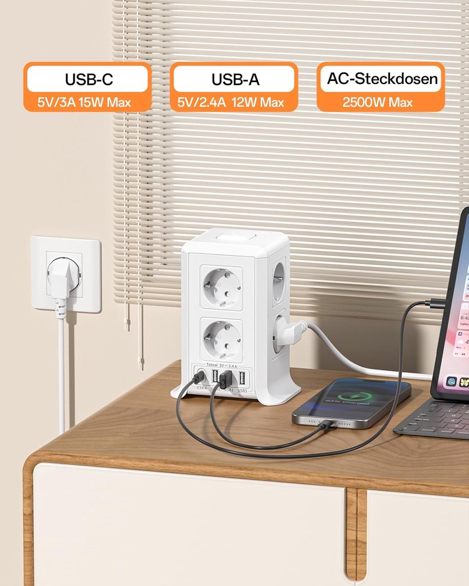 SnelShoppen - 8-way power strip met switch, 12-in-1 stekkerdoos met USB, ruimtebesparende stekkerdoos met USB-C, overspanningsbeveiliging en overload