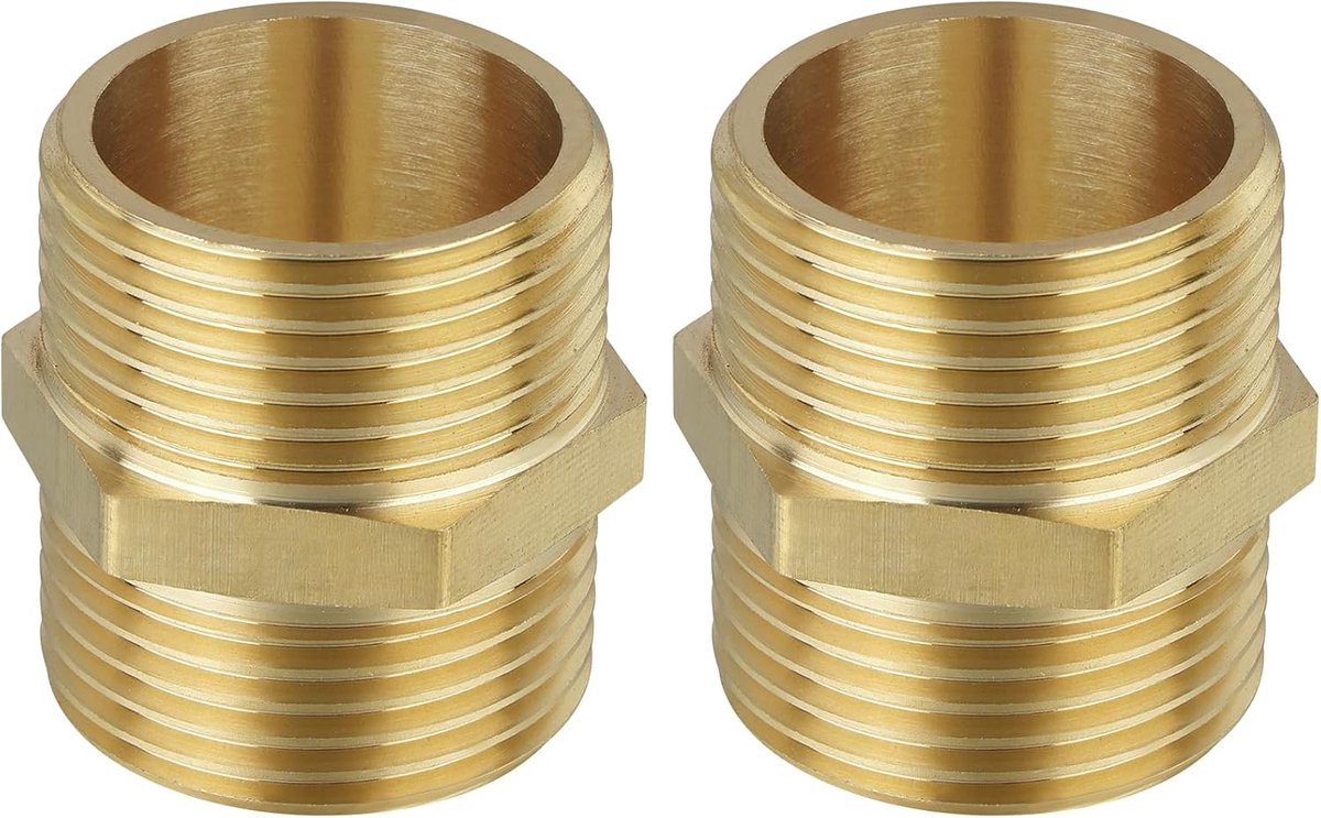 SnelShoppen - Double Nipple Messing G1 Inch (Ø 32.5 mm) - 2 Stuks Mannelijke Draad - Dubbele Hex Nippel met Rubber Afsluitringen - Fittingen voor Kran