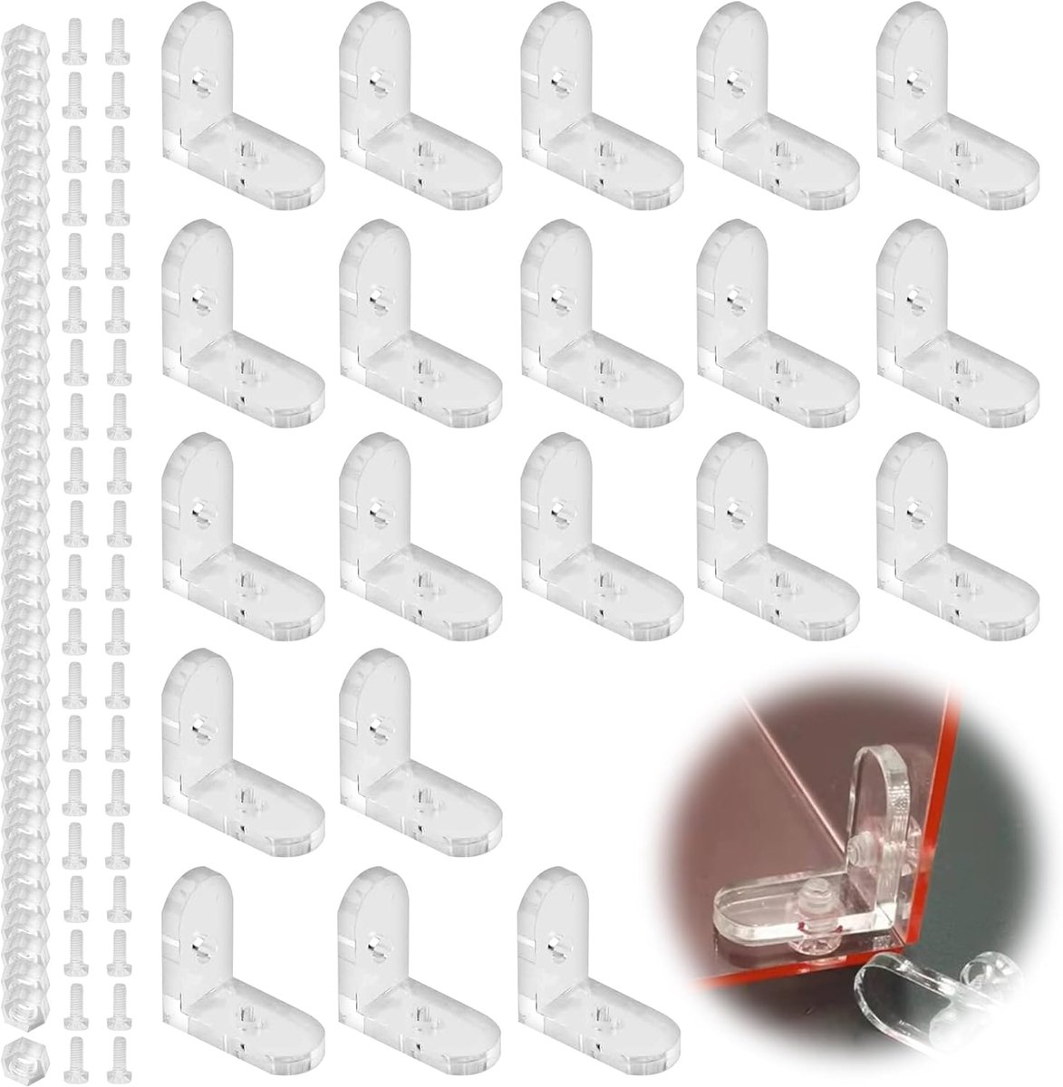 SnelShoppen - Pack van 20 L Hoekbeugels, 90 Graden, Transparant Plastic, Inclusief Schroeven en Moeren, 20x20x10 mm, Perfect voor Meubelconstructie en