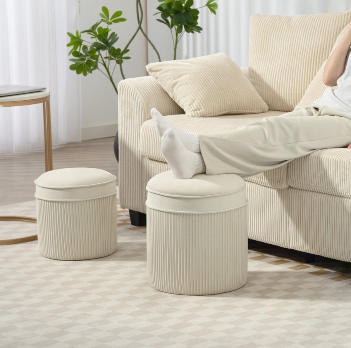 COVREO Poef set van 2 36x36x41,5 cm crèmewit polyester met opbergruimte en deksel