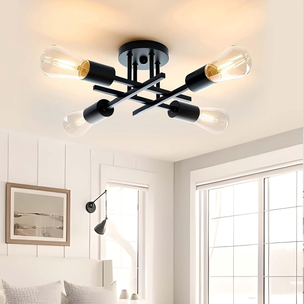 SnelShoppen - Vintage Plafondlamp met 4 E27 Lampen, Industrieel Chandelier voor Woonkamer, Eetkamer, Keuken, Hal, Restaurant, Hotel, Cafe, Bar, Zwart
