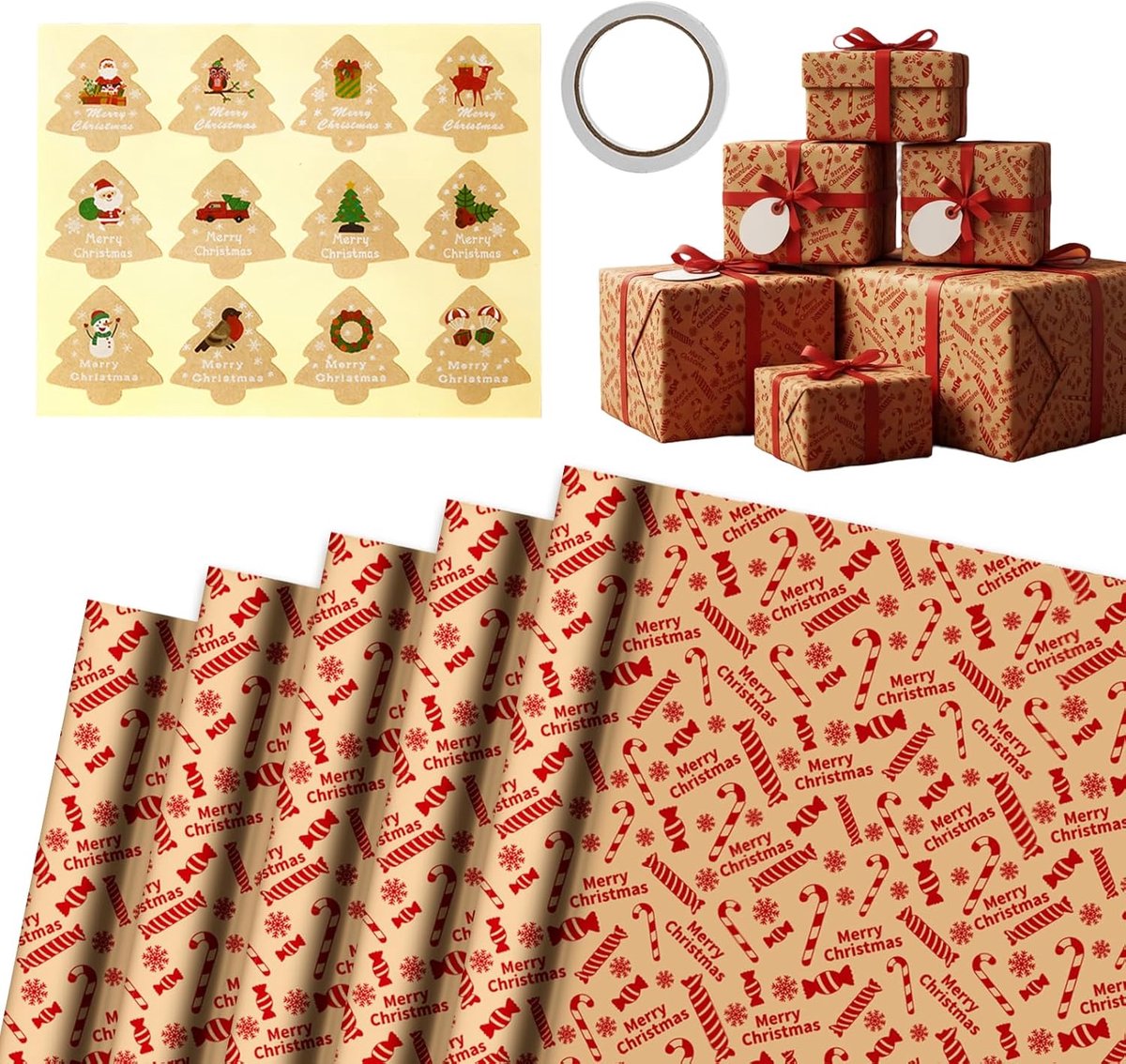 SnelShoppen - 5 Vellen Kraft Papier Cadeau Inpakpapier Kerst Set 70x50cm Met Kerststickers En Dubbelzijdige Plakband - Feestelijk Inpakken Voor Kerstc