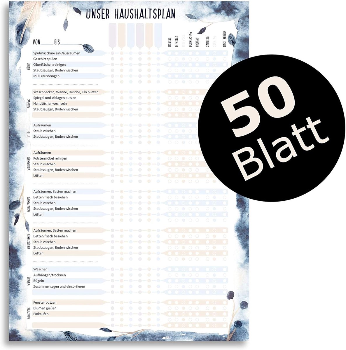 SnelShoppen - Huishoudplanner voor gezinnen met taken, 50 pagina's schoonmaakplan voor gezinnen met kinderen, Waterverf ontwerp, Plannen voor het huis