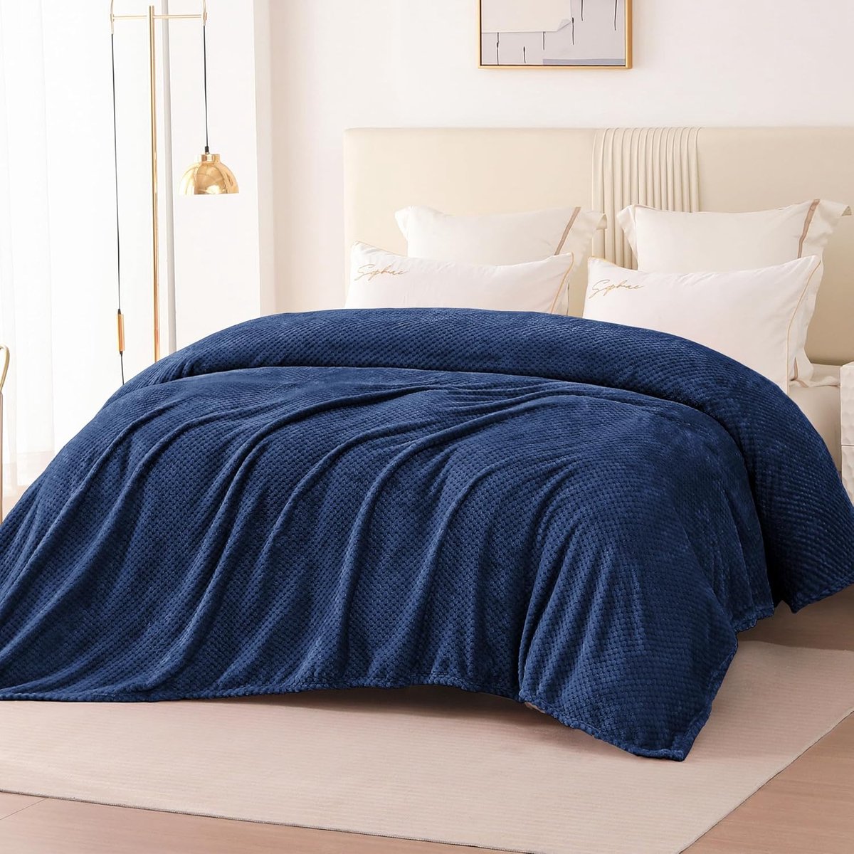 SnelShoppen - Cuddly Blanket Fleece Dekentje 230x270 cm Navy Blauw, Wafelpatroon, Zachte en Warme Sofa Dekens, Microfibre en Flanel, Perfect voor TV A