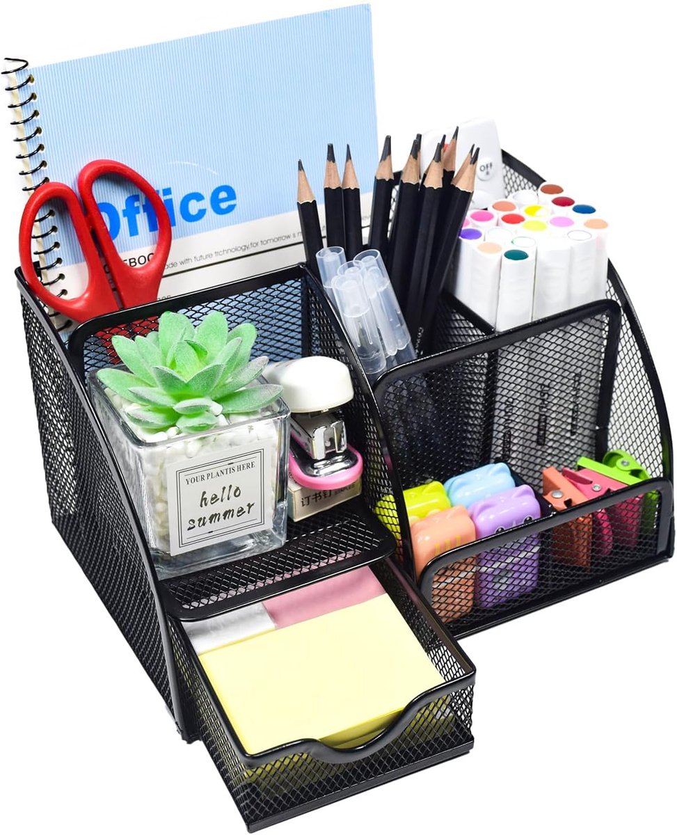 SnelShoppen - Mesh Bureau-organizer met Lade, Metalen Pennenhouder, 7 Compartimenten, Compacte Desk Organizer voor Kantoor, School en Thuis, Zwart