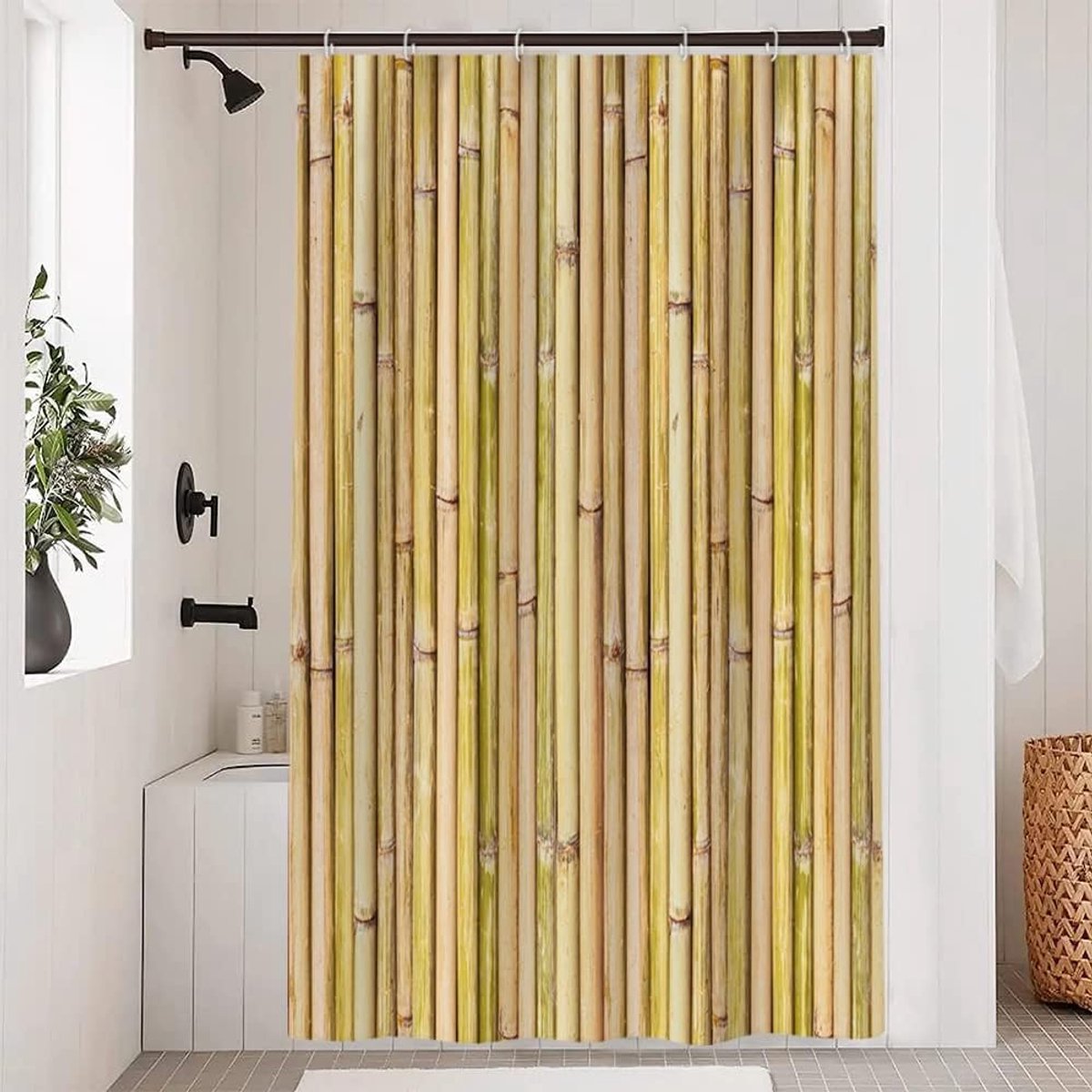 SnelShoppen - Bamboo Douchegordijn met Bamboe Look en Planten - Anti-Mould Waterproof Polyester - Wasbaar - 120 x 200 cm - Opaak Bad Gordijn met Ringe