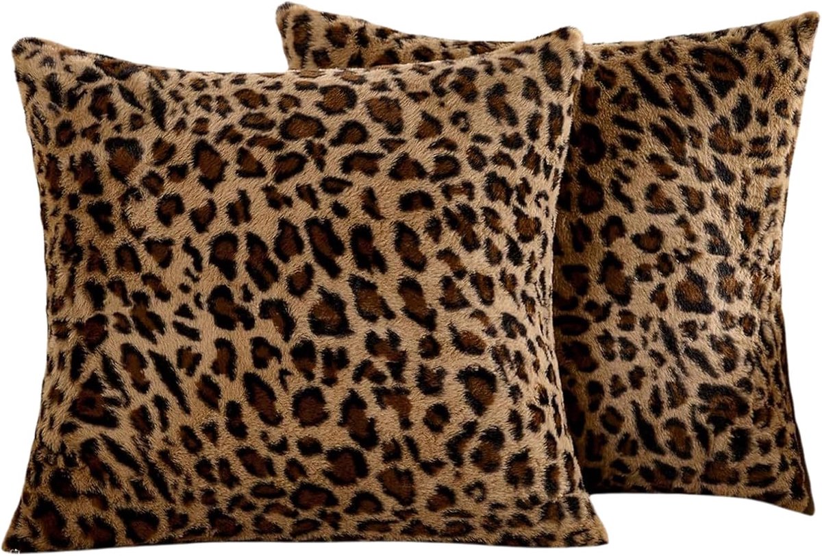 SnelShoppen - Set van 2 Luxe Pluche Kussenslopen Luipaard 45x45 cm met Onzichtbare Ritssluiting voor Slaapkamer, Woonkamer, Banken, Decoratie Bruin