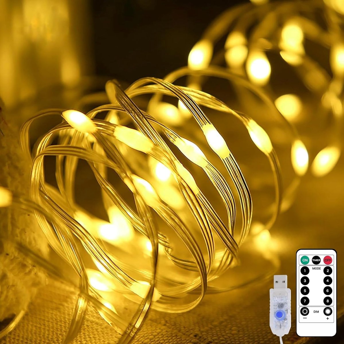 SnelShoppen - 10m 100 LED Warm Witte USB LED Strip Licht met Afstandsbediening - 8 Modus Waterproof voor Tuin, Balkon, Kinderkamer, Binnen en Buiten D