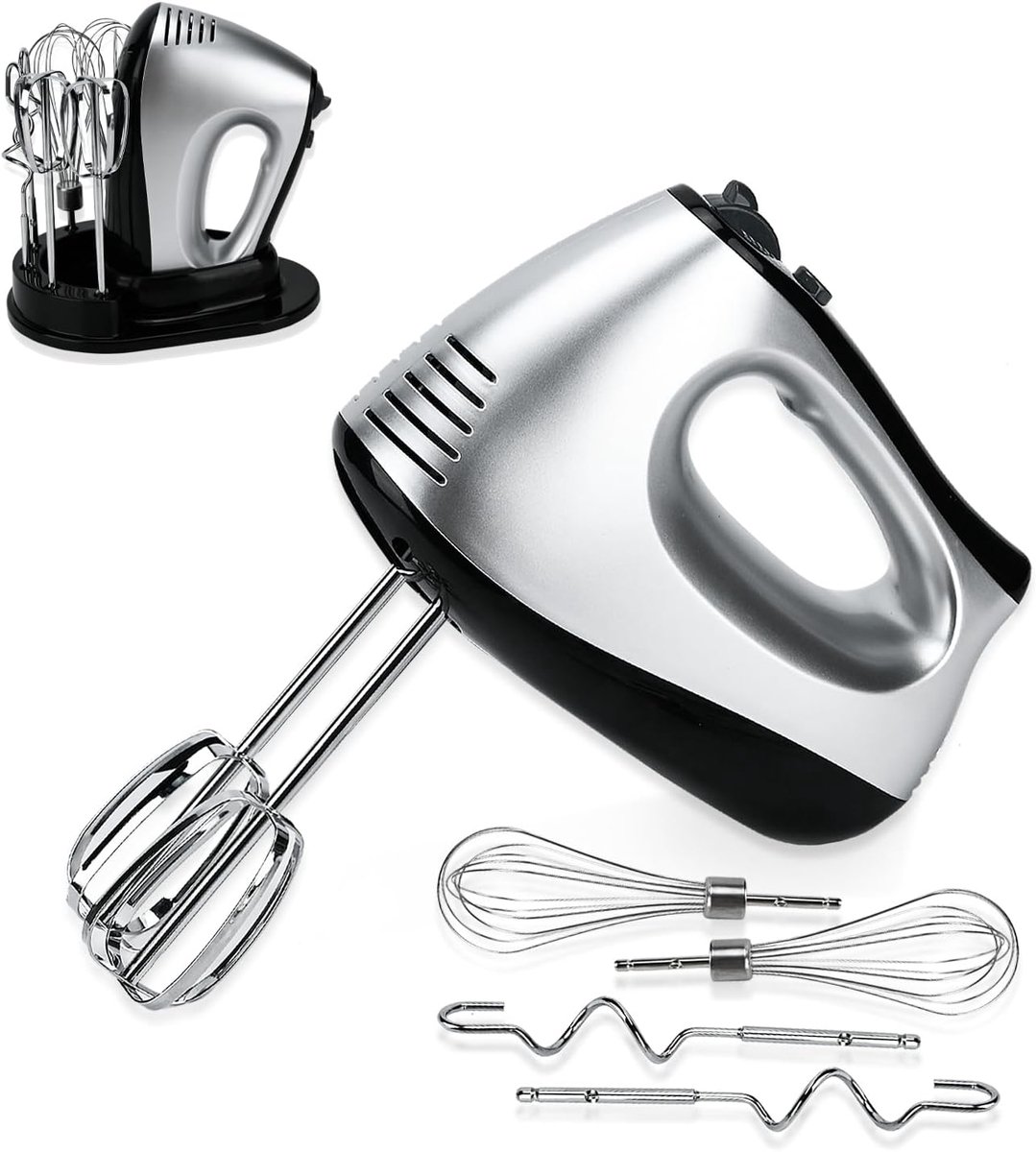 SnelShoppen - Elektrische Handmixer met 5 Snelheden en Turbo Knop, Anti-Spat Garde, 300W, Inclusief 6 RVS Opzetstukken, Perfect voor Bakken in de Keuk