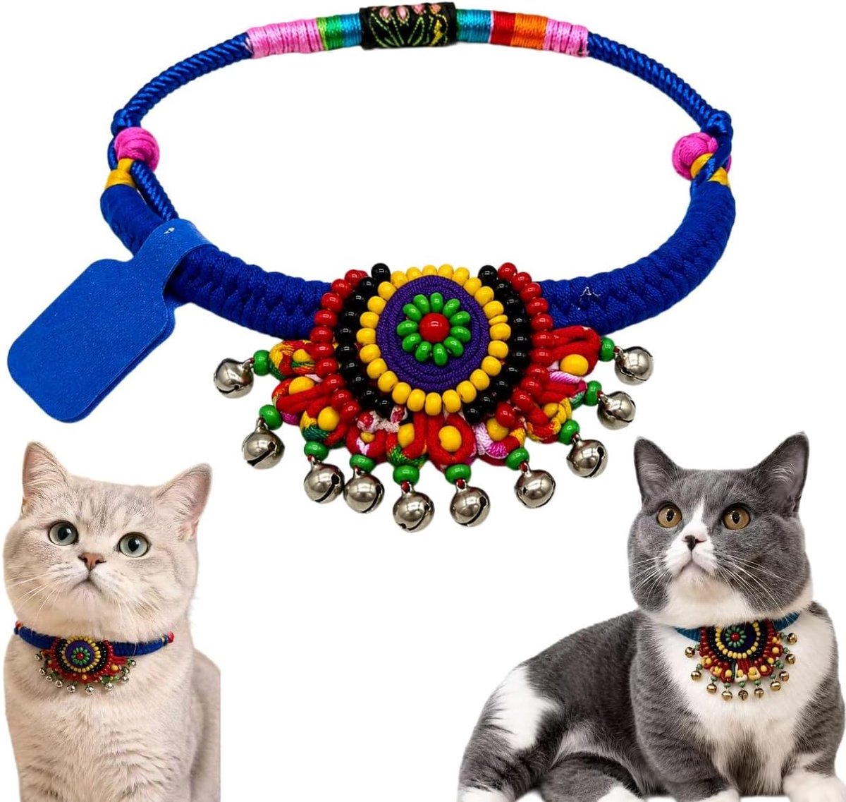 SnelShoppen - Boho Kattenhalsband met Belletjes en Naamplaatje, Verstelbaar van 16-35 cm, Kleurrijke Etnische Halsband voor Katten, Kittens en Kleine