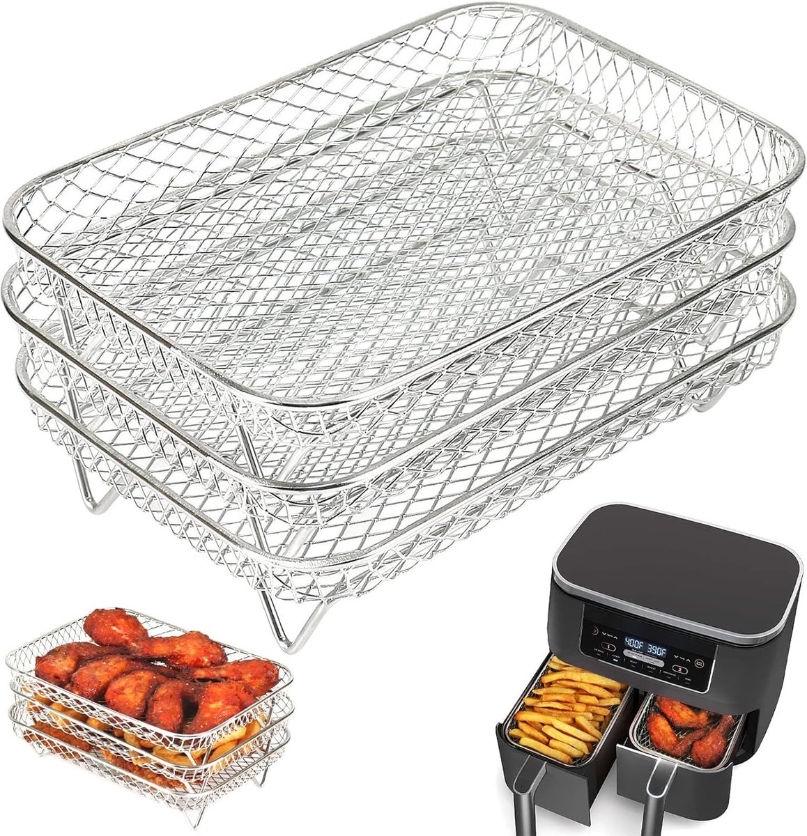 SnelShoppen 3-in-1 Professionele Air Fryer Set Accessoires voor Air Fryer RVS Grill Stoomrooster Droogrek Toast Rack Keuken Essentials
