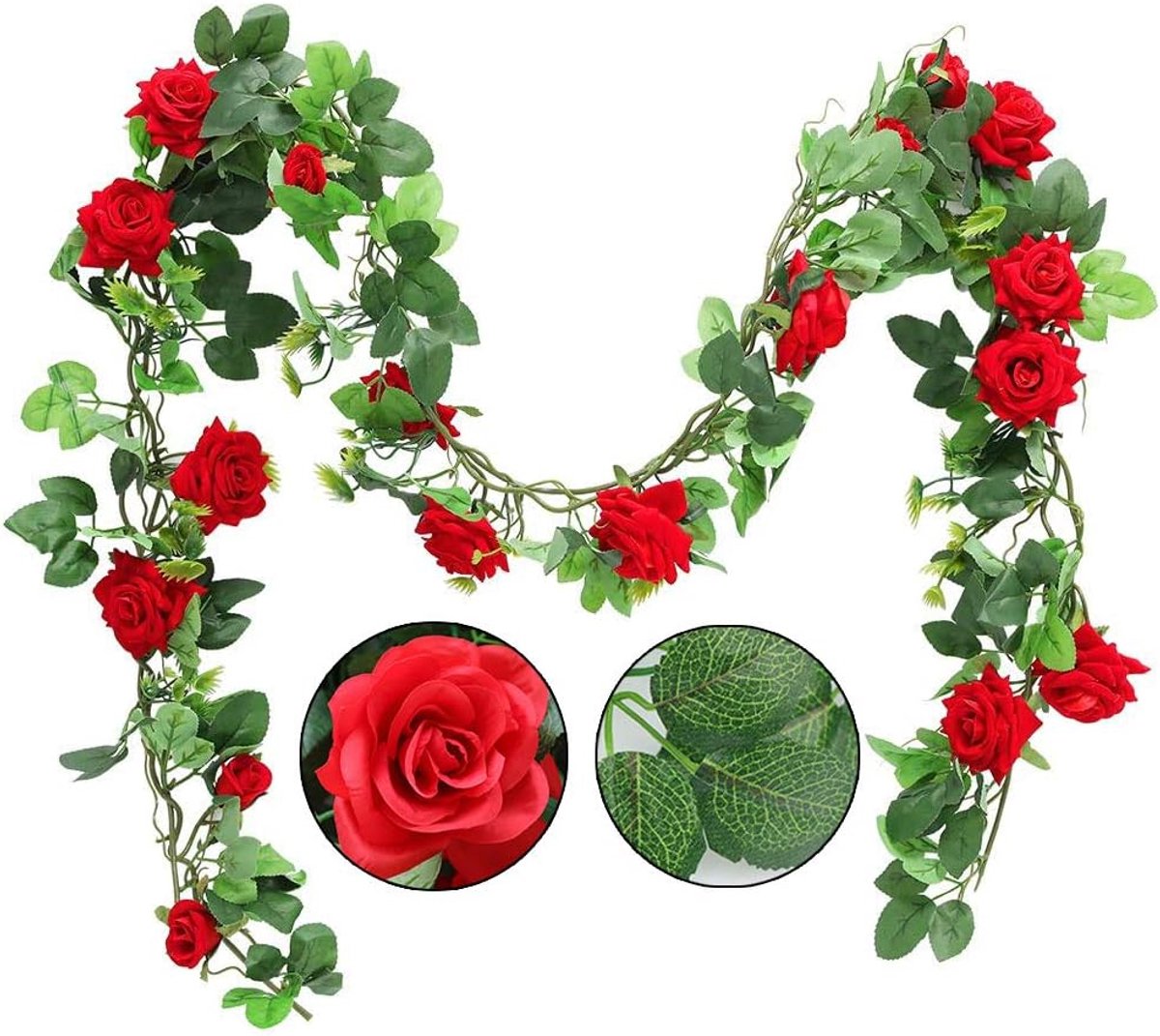 SnelShoppen - 2PCS 95cm Rode Kunstmatige Rozen Garlands - Hangende Groene Wijnstok met Zijden Bloemen - Decoratie voor Thuis, Bruiloft, Muur, Feest, C