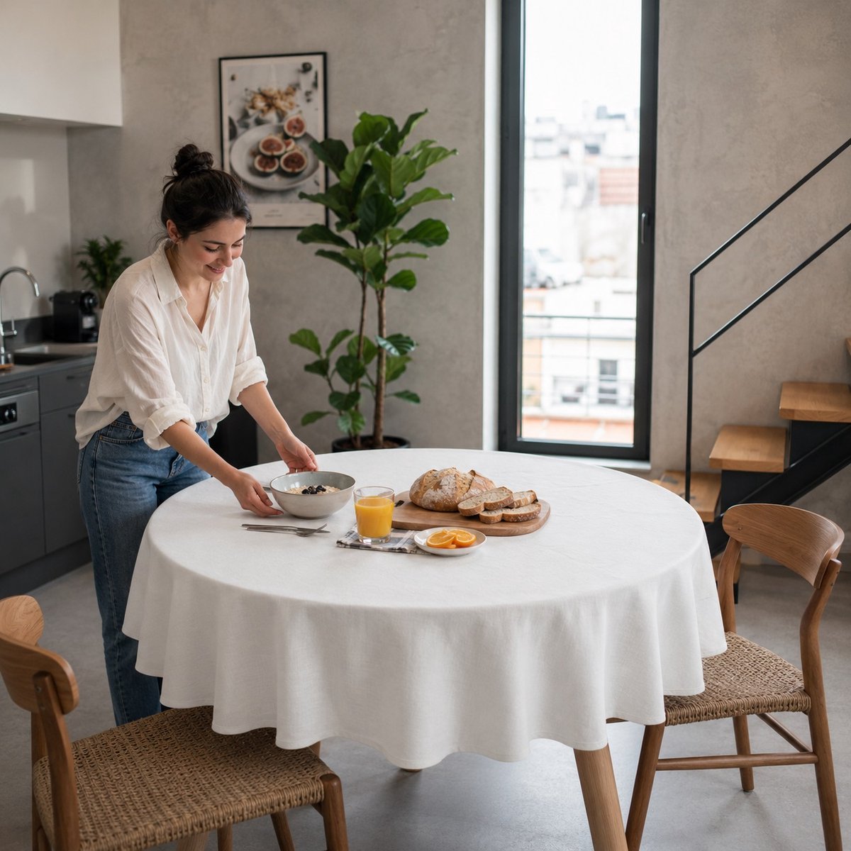 Rond tafelkleed Ø160 cm wit met linnenlook, waterafstotend en vlekbestendig