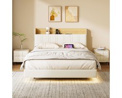 Tweepersoonsbed 160x200 cm, volwassen bed met led verlichting, gestoffeerd opbergbed met opklapbaar hoofdbord en zijvakken, 2 persoonsbed van pu in wit en licht eiken, zonder matras