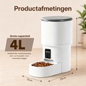 Witte automatische voerbak met bruin deksel. Afmetingen: 15 cm breed, 25 cm diep, 30 cm hoog. Opslagcapaciteit van 4L.