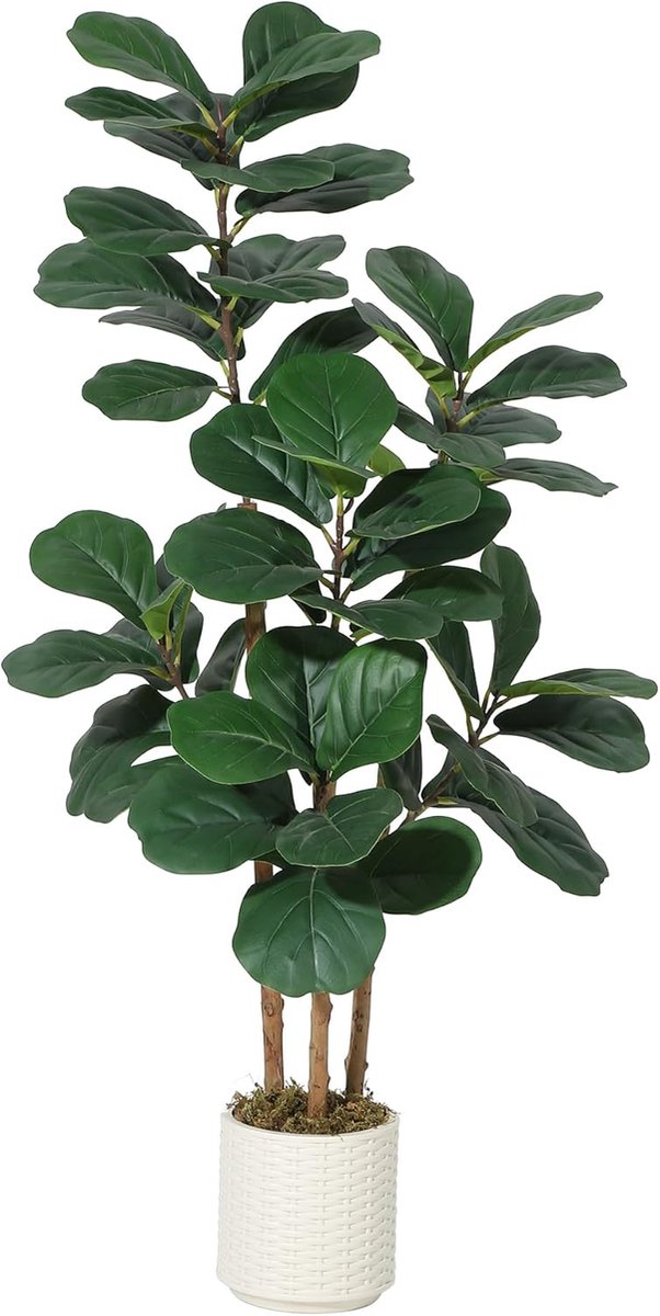 120cm Natuurgetrouwe kunst Ficus Lyrata boom, levensechte binnenplant met natuurhouten stam en buigbare delen, moderne witte sippot, onderhoudsvrije groendecoratie voor woonkamer, slaapkamer en kantoor