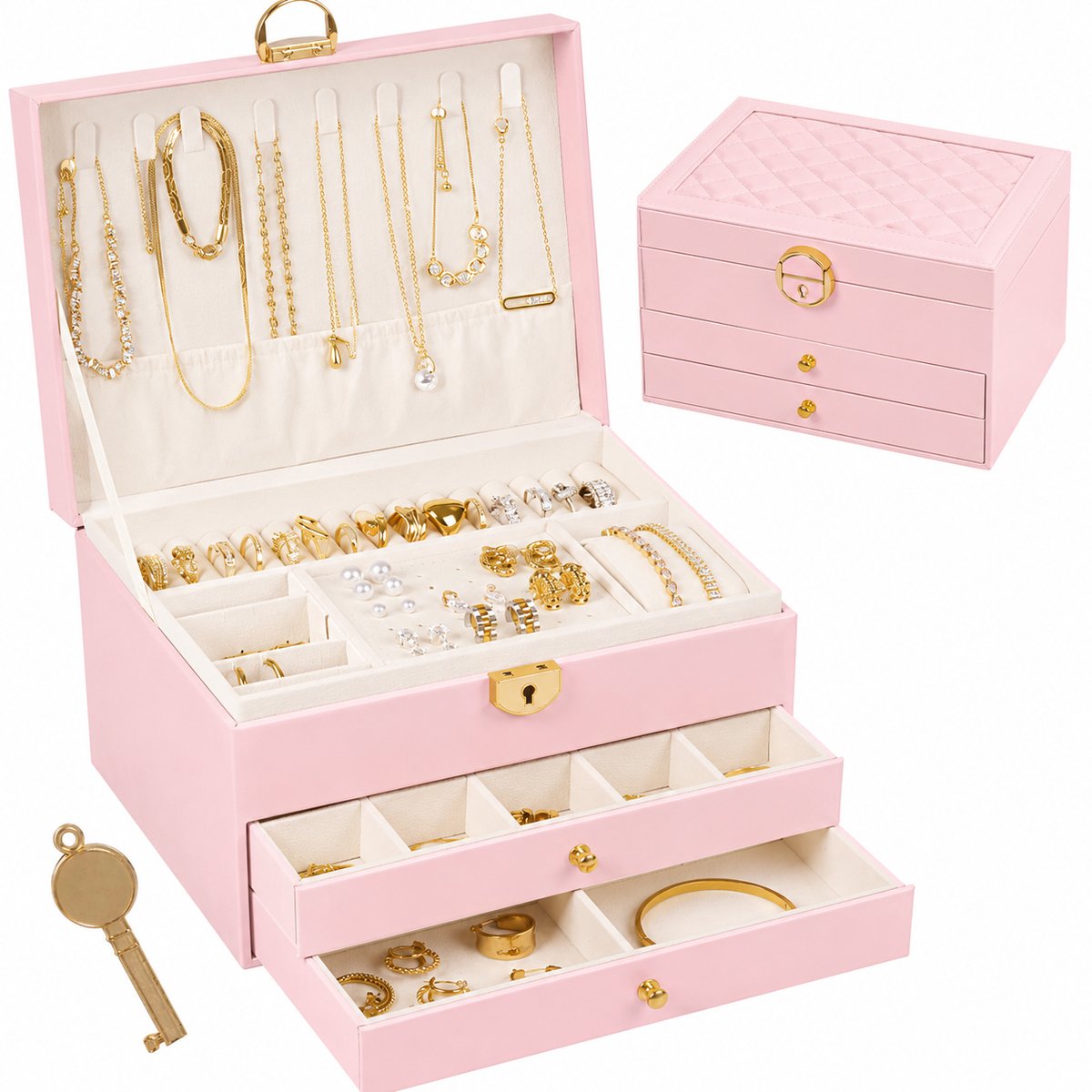D’Lor Luxe Sieradendoos – Roze juwelendoos met slot, 2 lades en vakjes – Sieraden organizer voor dames