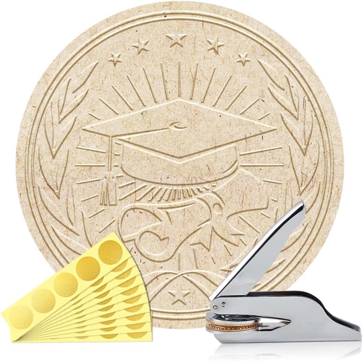 SnelShoppen - Persoonlijke Book Embosser met Afstudeerhoed Patroon - Duurzame Bibliotheekstempel met Handvat - 100 Gouden Folie Embosser Stickers (45