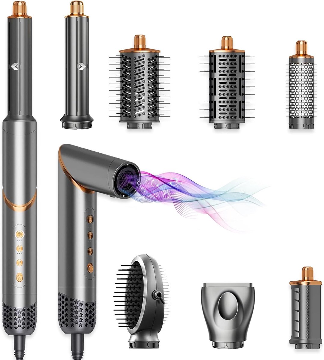 SnelShoppen - 8 in 1 Haar Föhn Borstel Multistyler Airstyler, Hot Air Brush met Afneembare Automatische Krulsetters, Volume Borstel en Steilborstel, 1