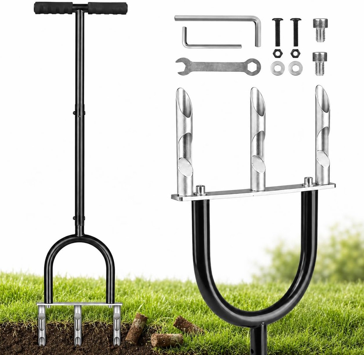 SnelShoppen - Handmatige Gazon Beluchter met 3 Holle Tanden, Hoogte Verstelbaar 35-101 cm, Zwart Ijzer, Antislip T-Handvat, Tuin Tools voor Tuin, Groe