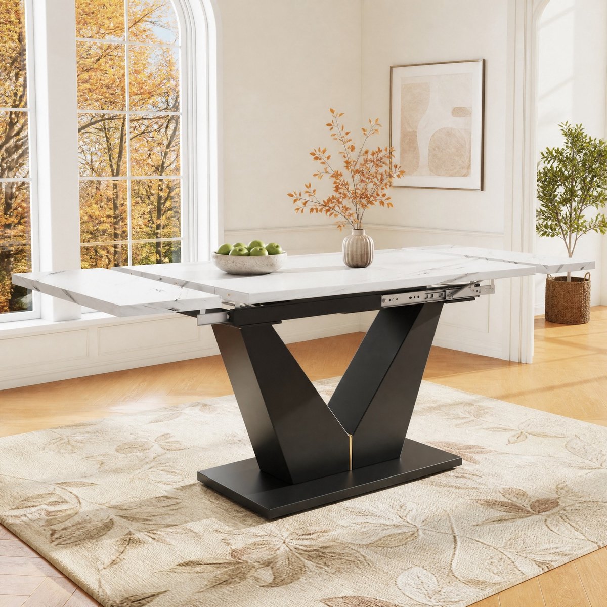 COVREO Eettafel 99-159x75x75 cm wit en zwart met MDF tafelblad, marmerlook fineer en uitschuifbaar ontwerp