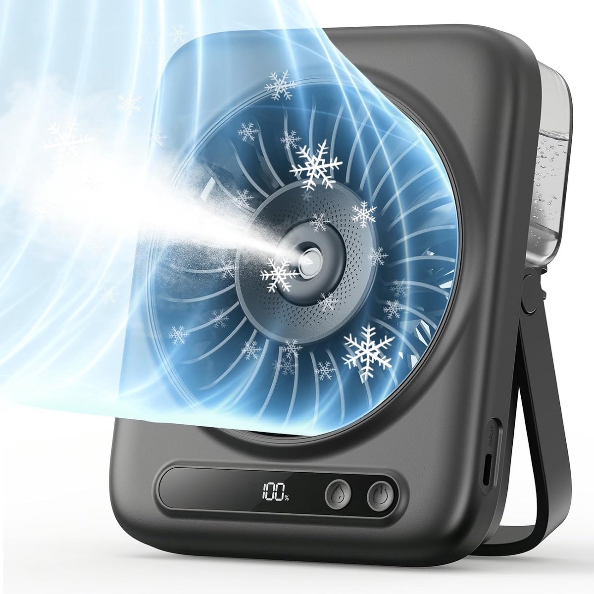 Mini USB-bureauventilator met verneveling – met led-display – 6000 mAh – Oplaadbaar, draadloos, stille ventilator met verkoelende nevel – Compacte, draagbare bureauventilator – Geschikt voor slaapkamer, kantoor, op reis en buitenshuis – Zwart