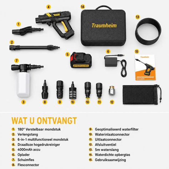 Traumheim® DT Hogedrukreiniger - Accu hogedrukreiniger - met verlengstang - 68 bar - 240 l/u - 5m waterslang - 400 W - 2×4000 mAh van Traumheim — afbeelding 5