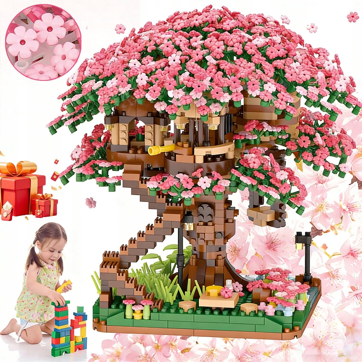 Bouwstenen Modelset Van Een Kersenbonsaiboom In Straatbeeld, 2138 Stuks Doe-Het-Zelf Sakura Boomhut Bouwblokke, Mini-Bouwspeelgoed Met Bouwstenen
