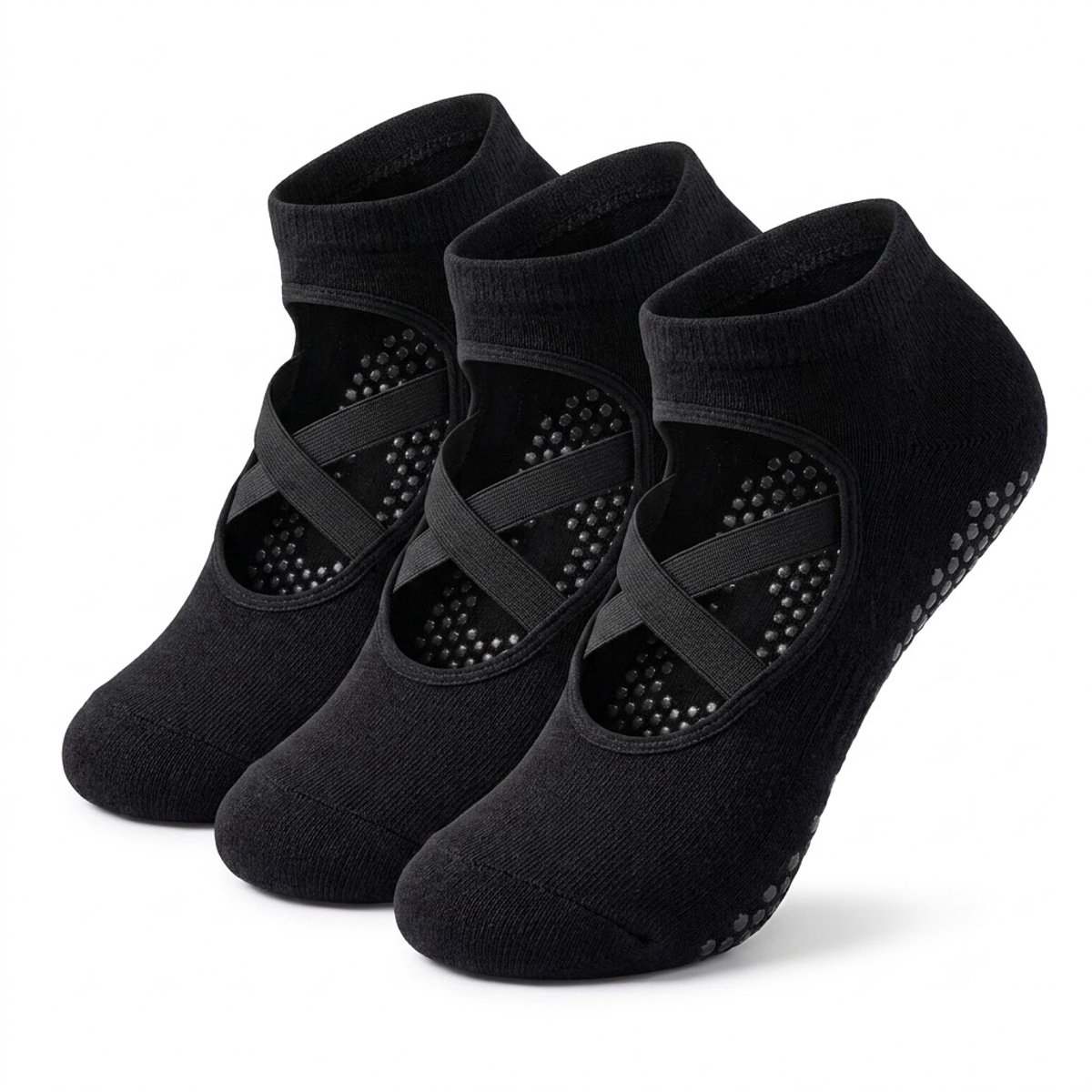 Zwart antislip pilates sokken dames 3 paar ademende ballet sokken met kruiselastiek siliconen antislip zool voetboogondersteuning enkelbescherming voor yoga pilates barre dans en fitness maat 36-40