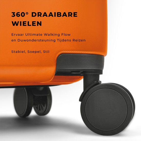Dichtbij van de 360 graden draaibare wielen van een oranje koffer.