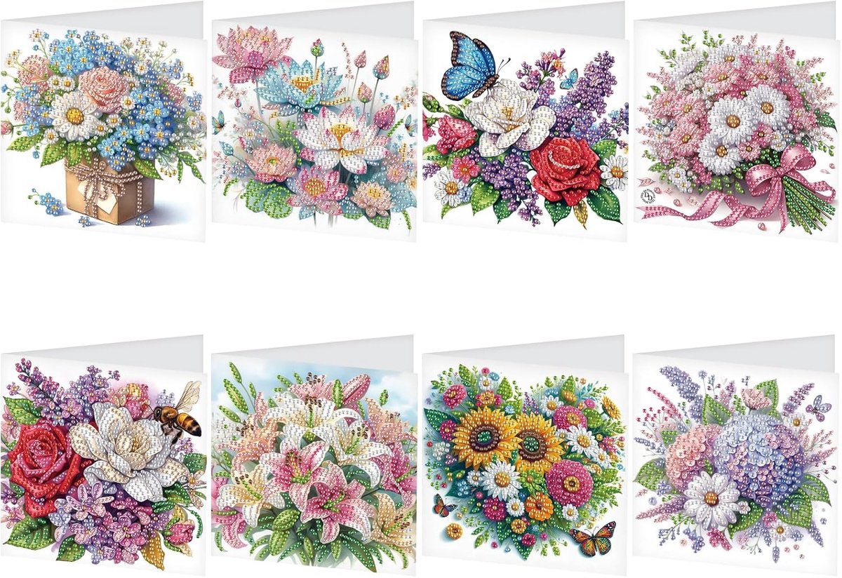 SnelShoppen - 8 Stuks Diamant Kunst Verjaardagskaarten Bloemen - Diamant Schilderen Kaarten voor Volwassenen - Gem Art Kits voor Feestdagen, Afspraken